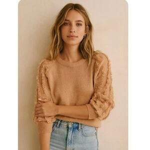 NWT 1.State Boho Wild Thing Crew Neck Fringe Sleeves Sweater In Brown Small